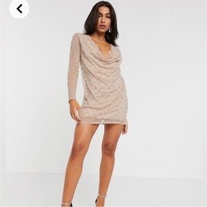 ASOS cowl neck pearl embellished Beige mini dress sz. 4